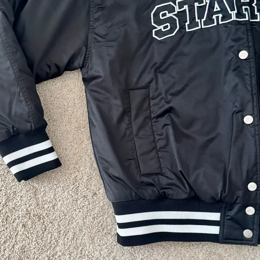 Starter Varsity Jacket Bomber Snap Front Satin Logo Retro Small Black NEW
